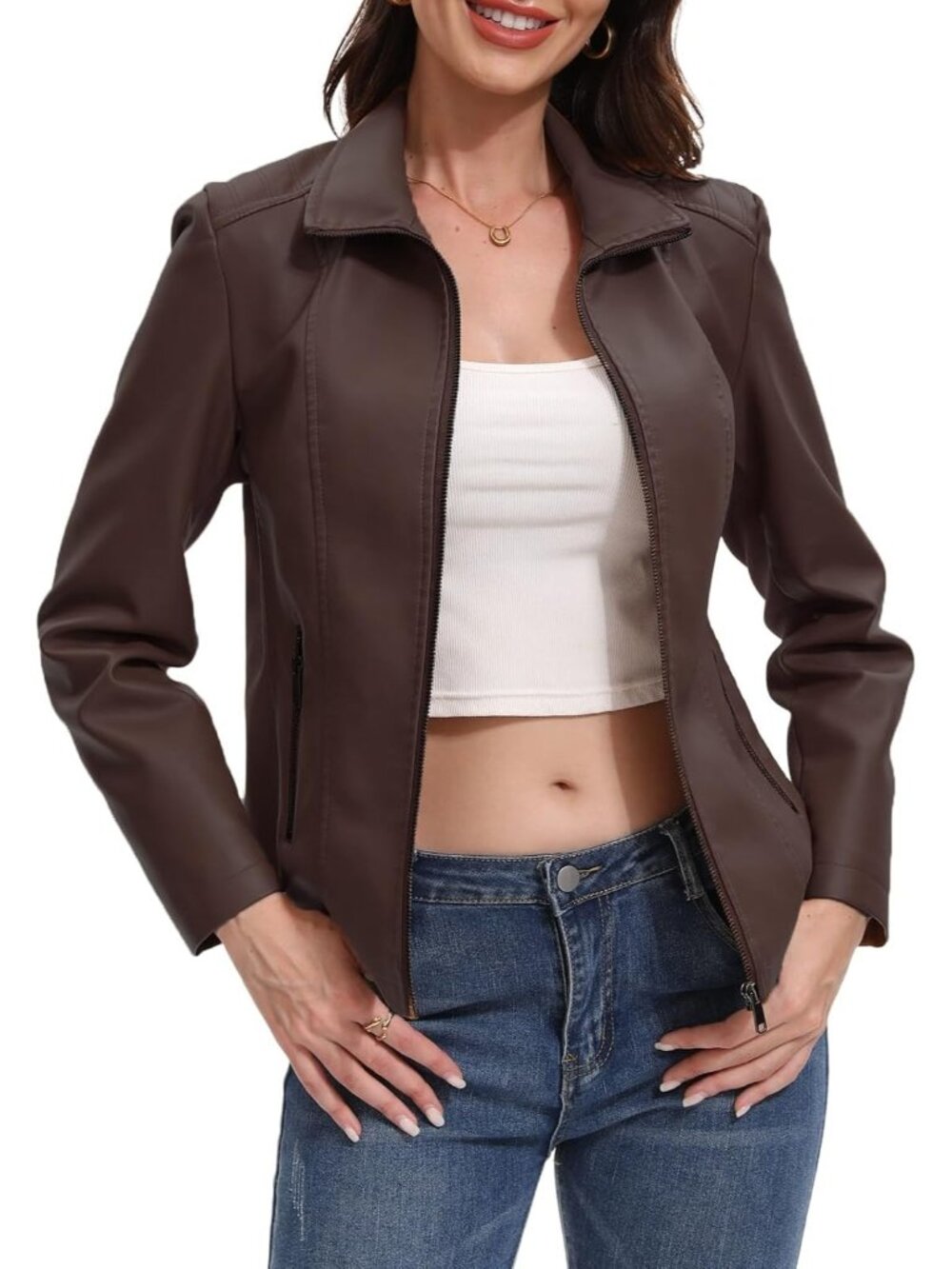 Women’s Coffee Faux Leather Motorcycle Jacket Zip Up Fashion Coat